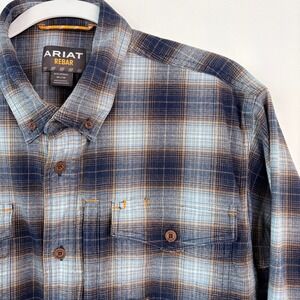 Ariat Rebar Button Down Shirt Medium Blue Brown Plaid Flannel Workwear